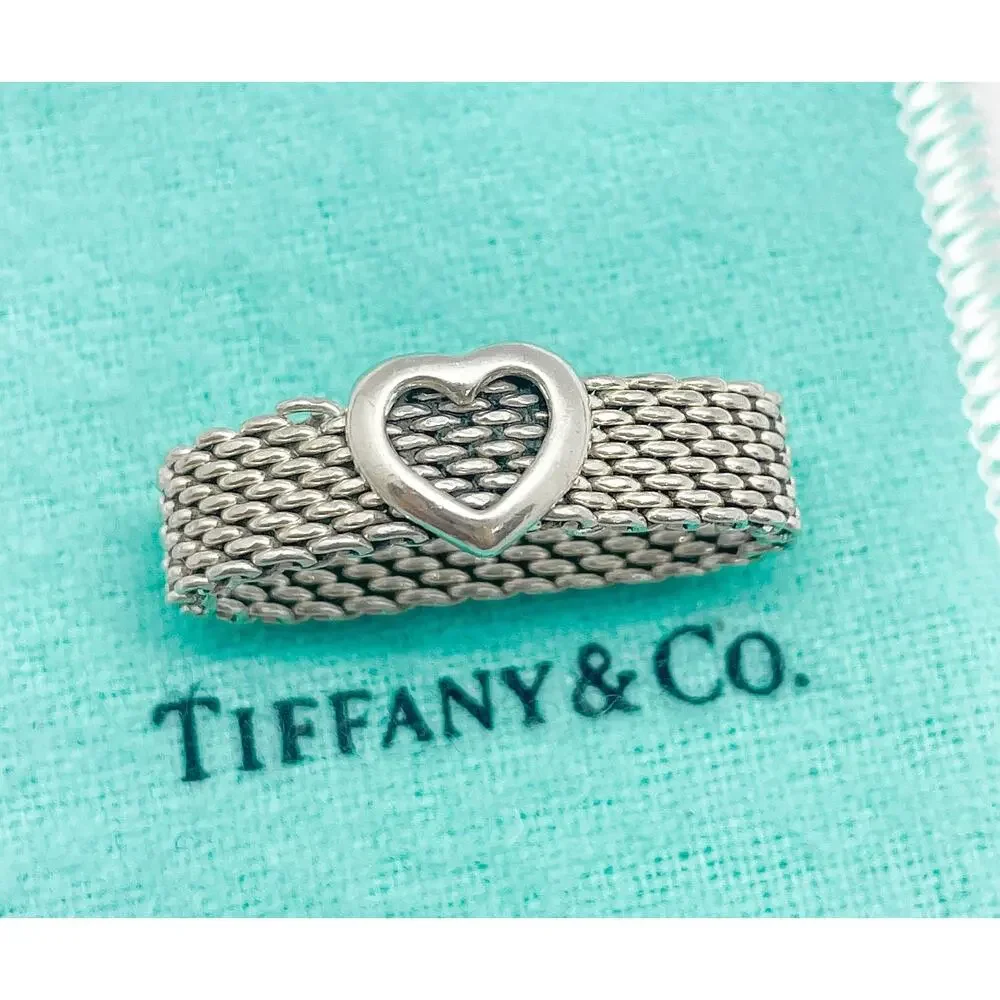 Tiffany & Co. Somerset Mesh Heart Ring Sterling Silver Size 8 w/ Pouch